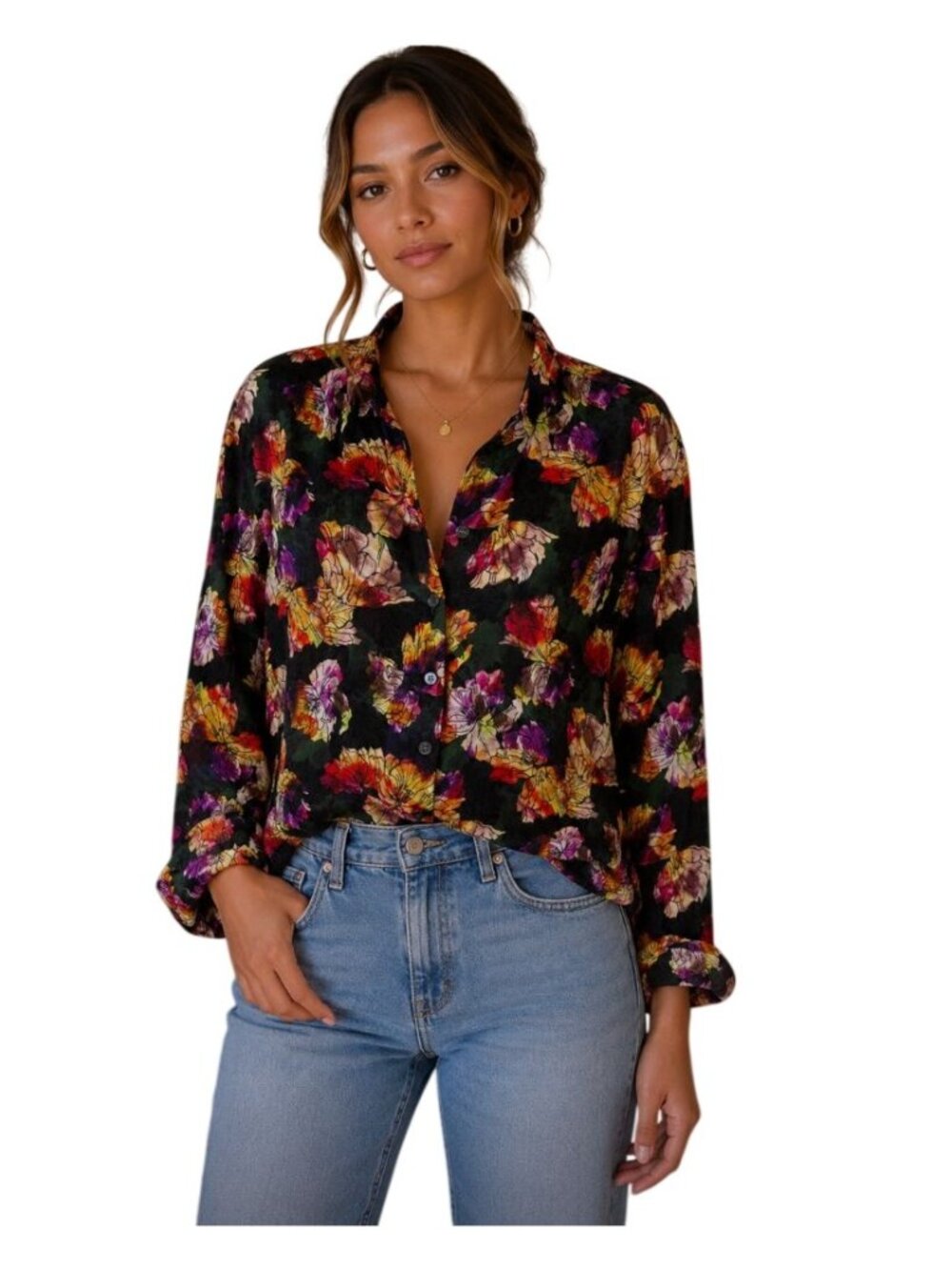Raquel Allegra Floral button up blouse warm fall tones - Size XS (0)